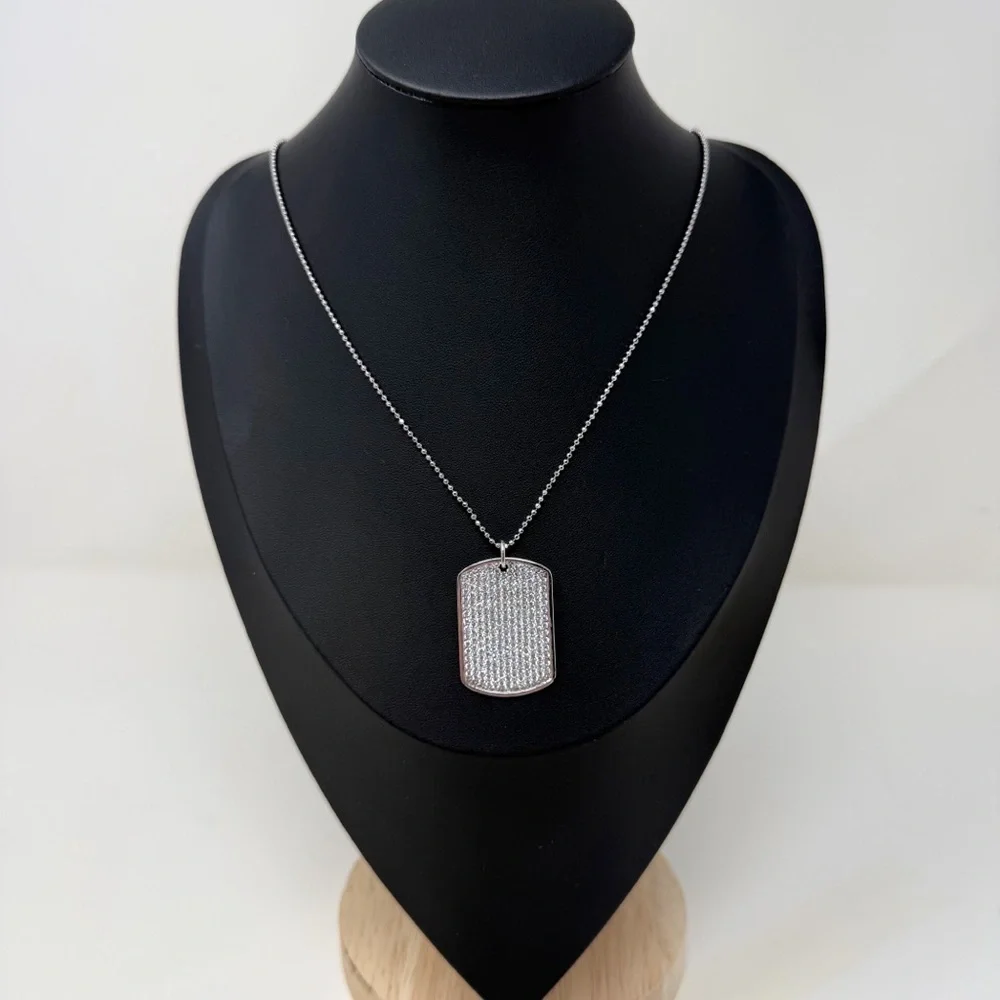 925 Sterling Silver CZ Dog Tag Necklace Made in Turkey Ball Chain Unisex Pendant